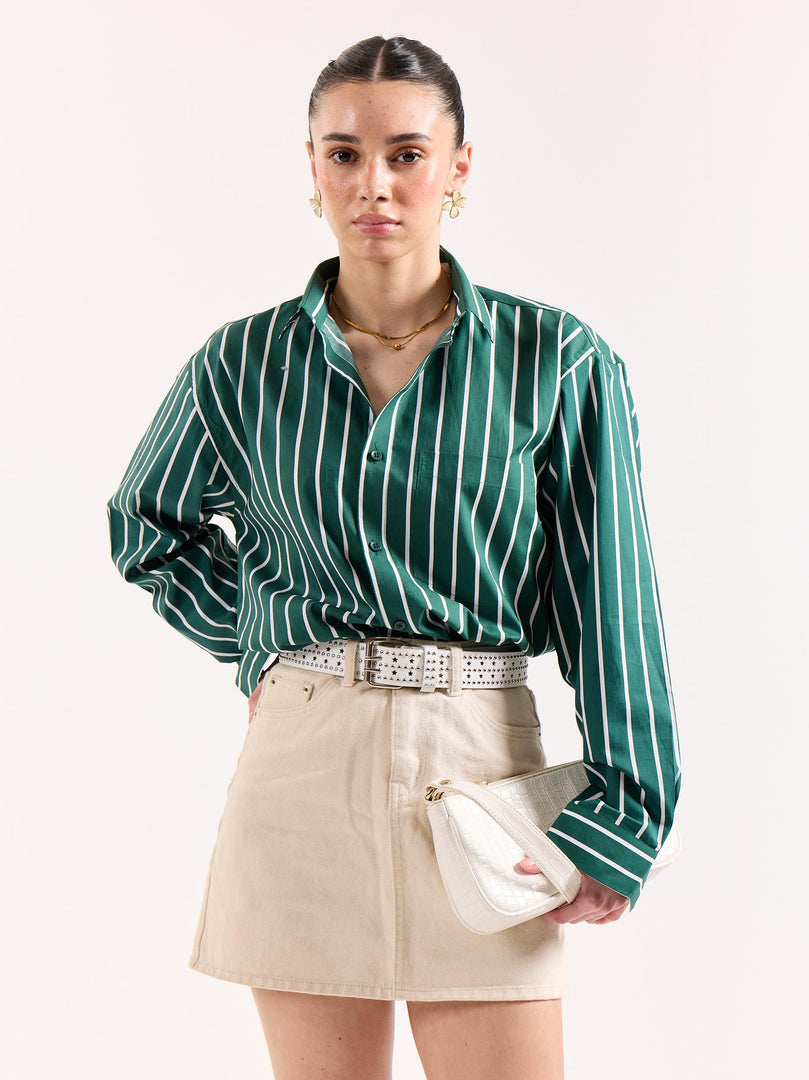 Emerald Green Striped Poplin Oversized Shirt