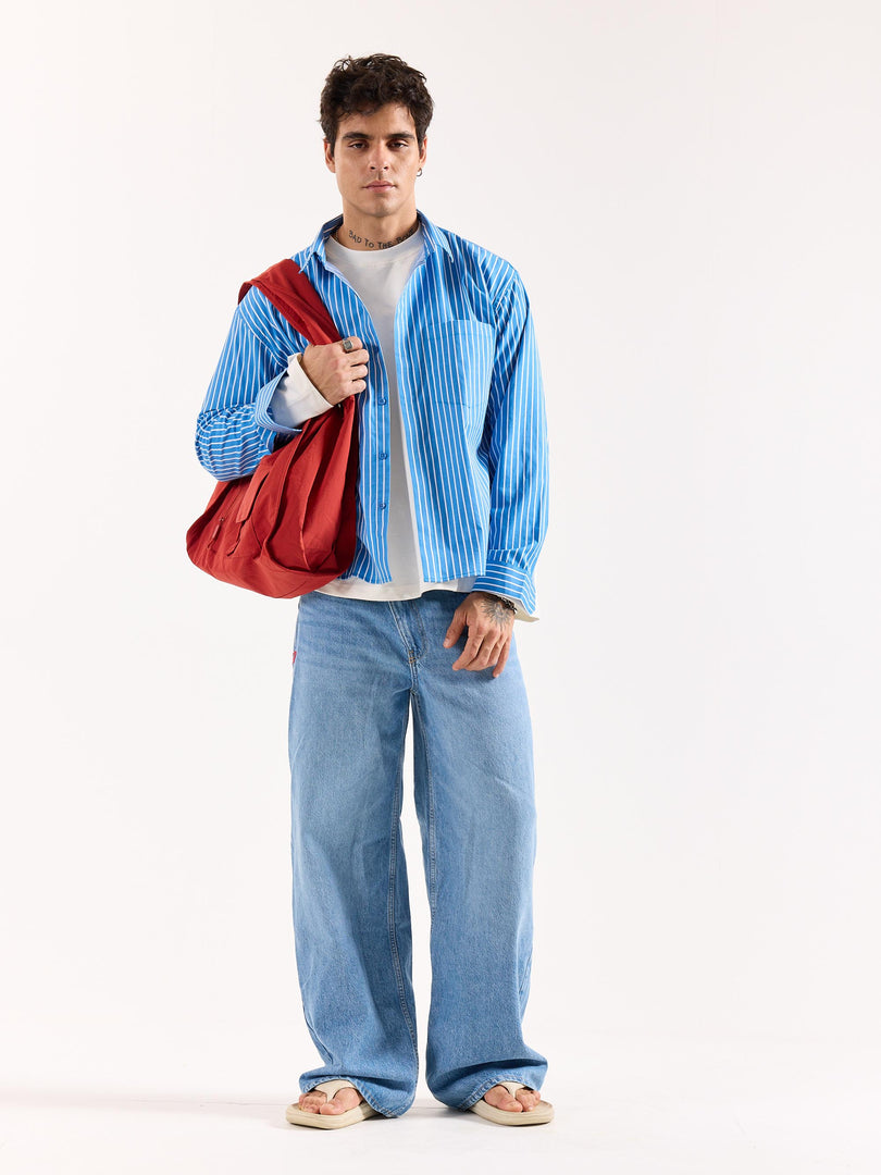 Cyan Blue Striped Poplin Oversized Shirt