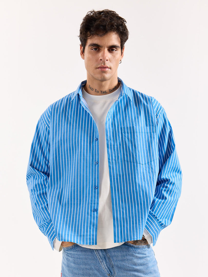 Cyan Blue Striped Poplin Oversized Shirt
