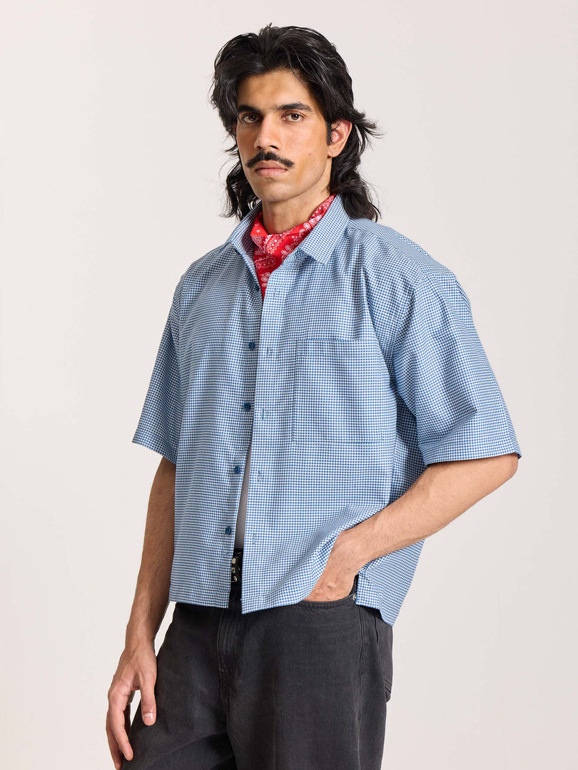 Dark Blue Checkered Cropped Shirt