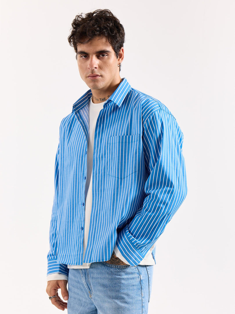Cyan Blue Striped Poplin Oversized Shirt