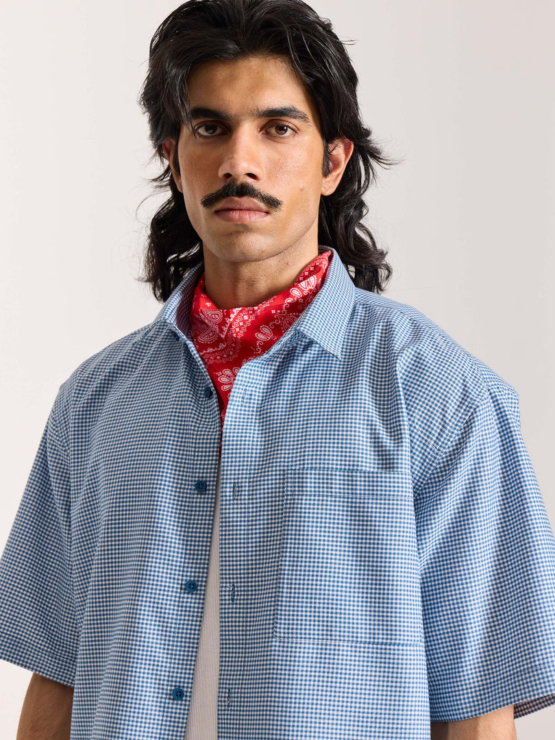 Dark Blue Checkered Cropped Shirt