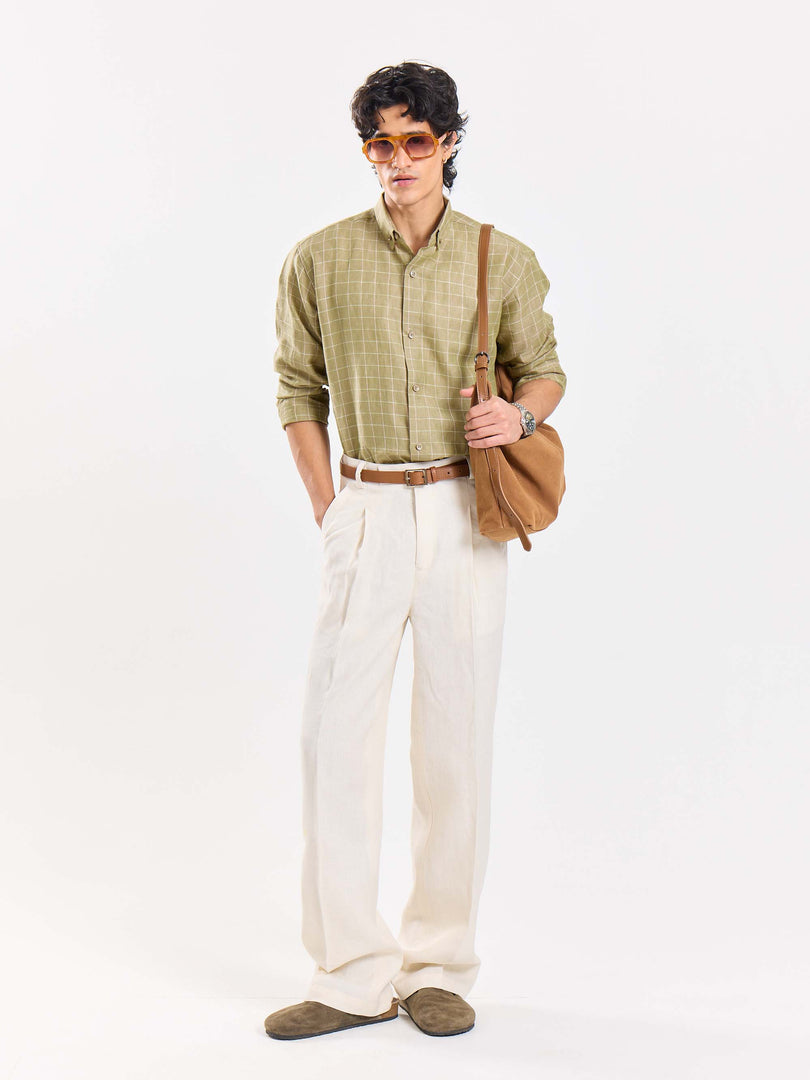 Pale Green Checked Irish Linen Shirt