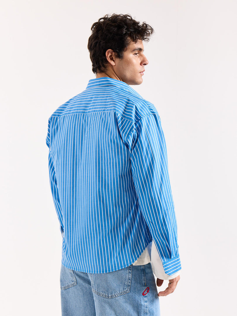 Cyan Blue Striped Poplin Oversized Shirt