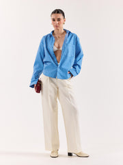 Cyan Blue Striped Poplin Oversized Shirt