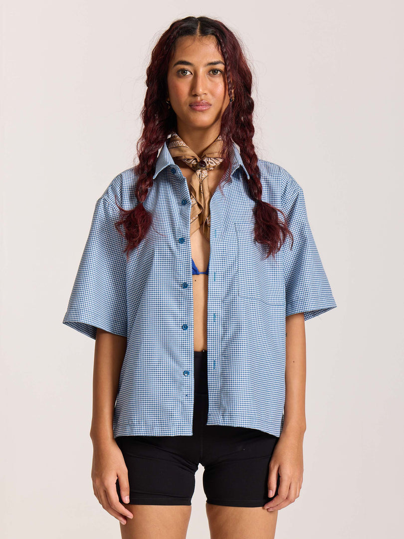 Dark Blue Checkered Cropped Shirt