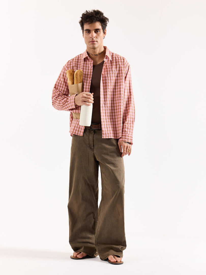 Dusty Pink Checkered Poplin Oversized Shirt