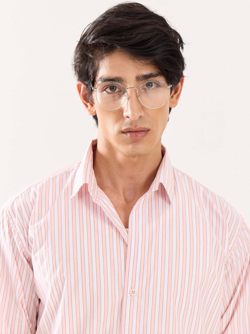 Peach & White Striped Poplin Shirt