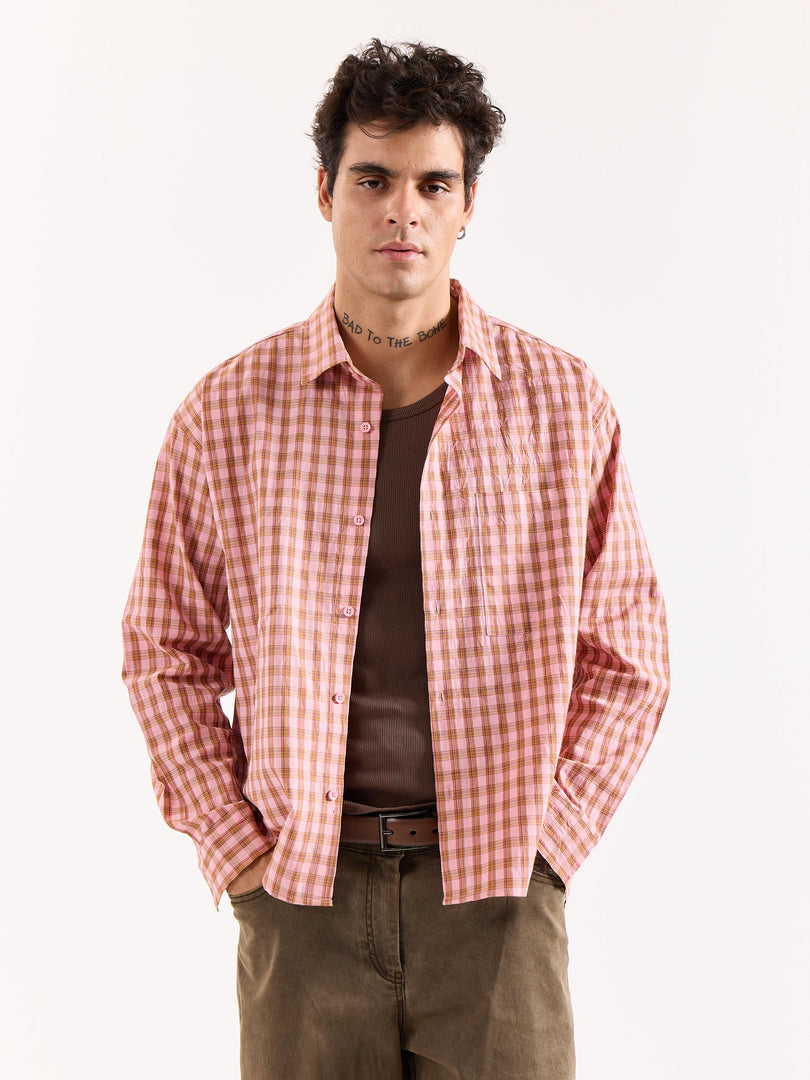 Dusty Pink Checkered Poplin Oversized Shirt