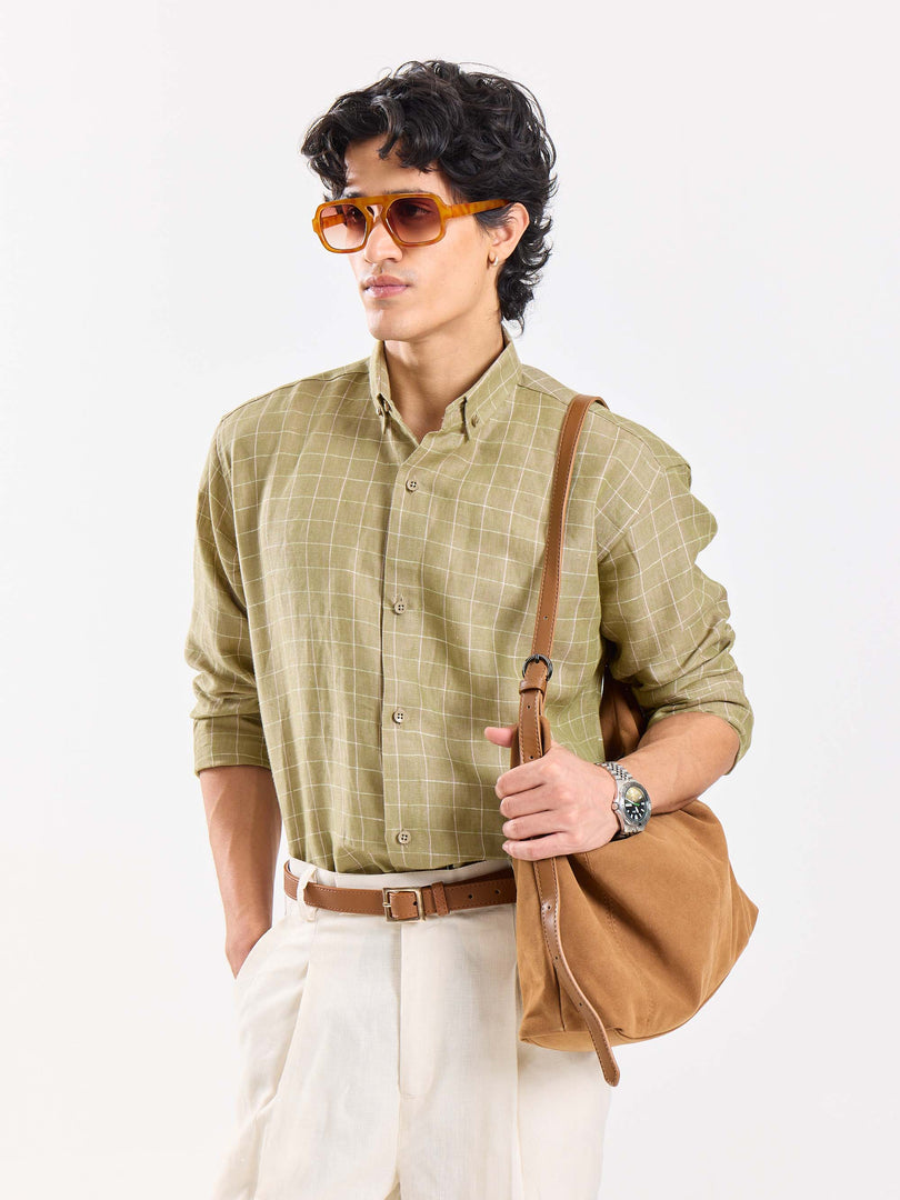 Pale Green Checked Irish Linen Shirt