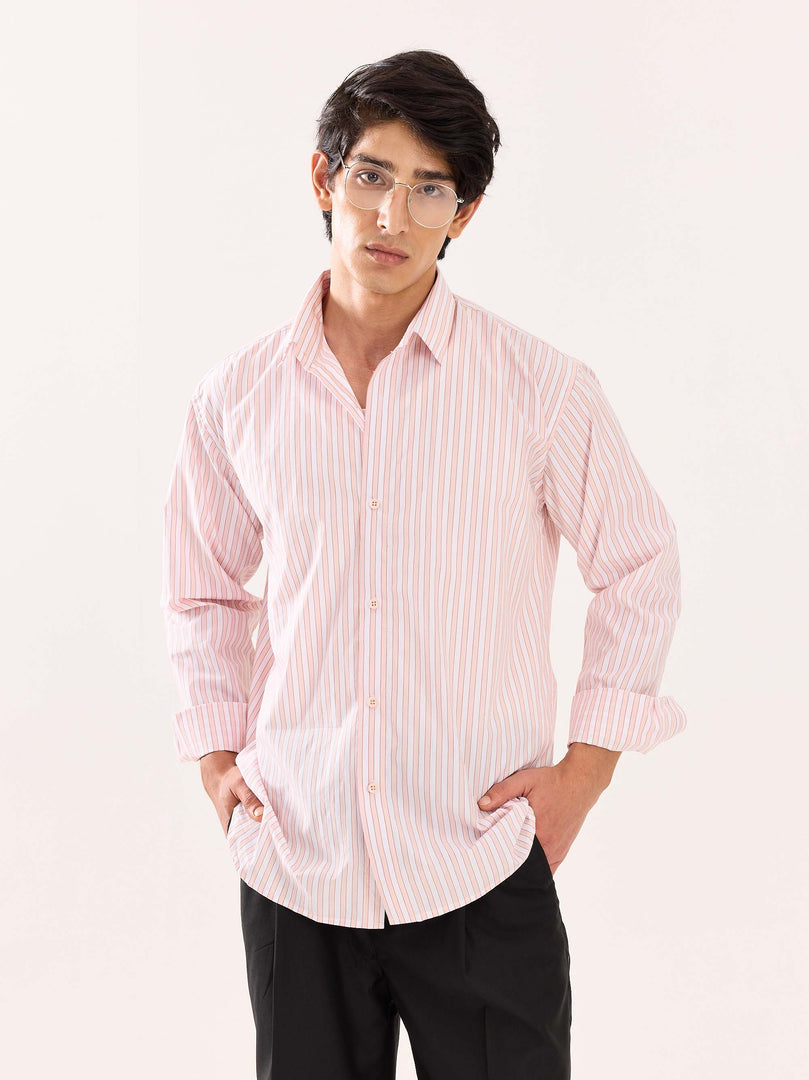 Peach & White Striped Poplin Shirt