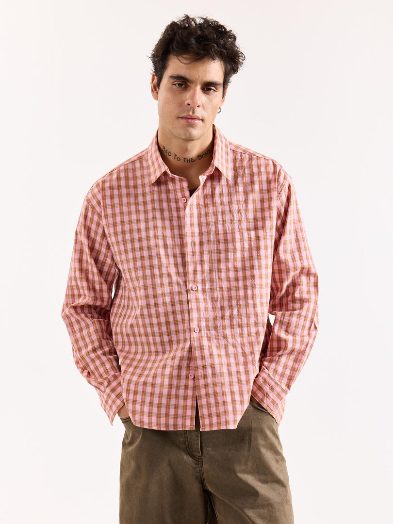 Dusty Pink Checkered Poplin Oversized Shirt