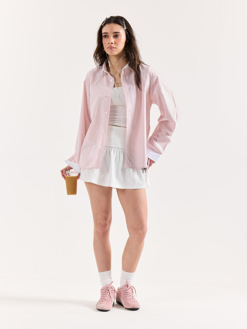 Light Pink Striped Contrast Collar Oversized Shirt
