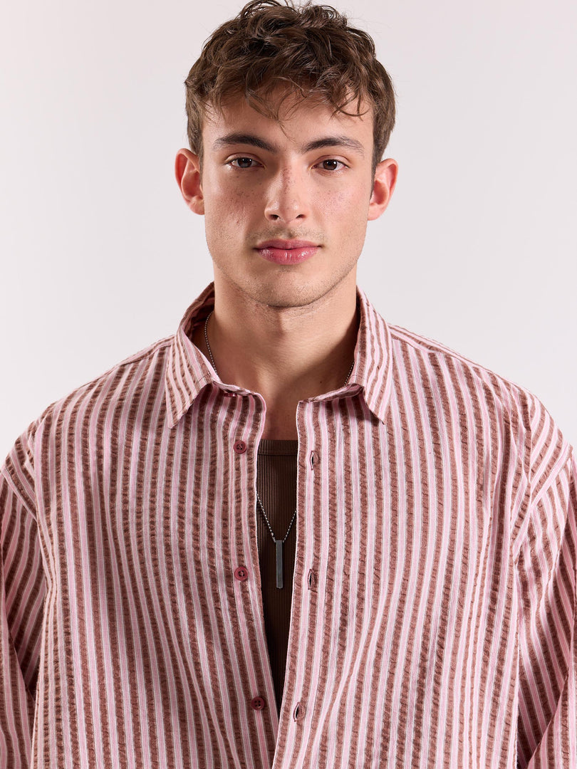 Brown & Pink Seersucker Oversized Cropped Shirt