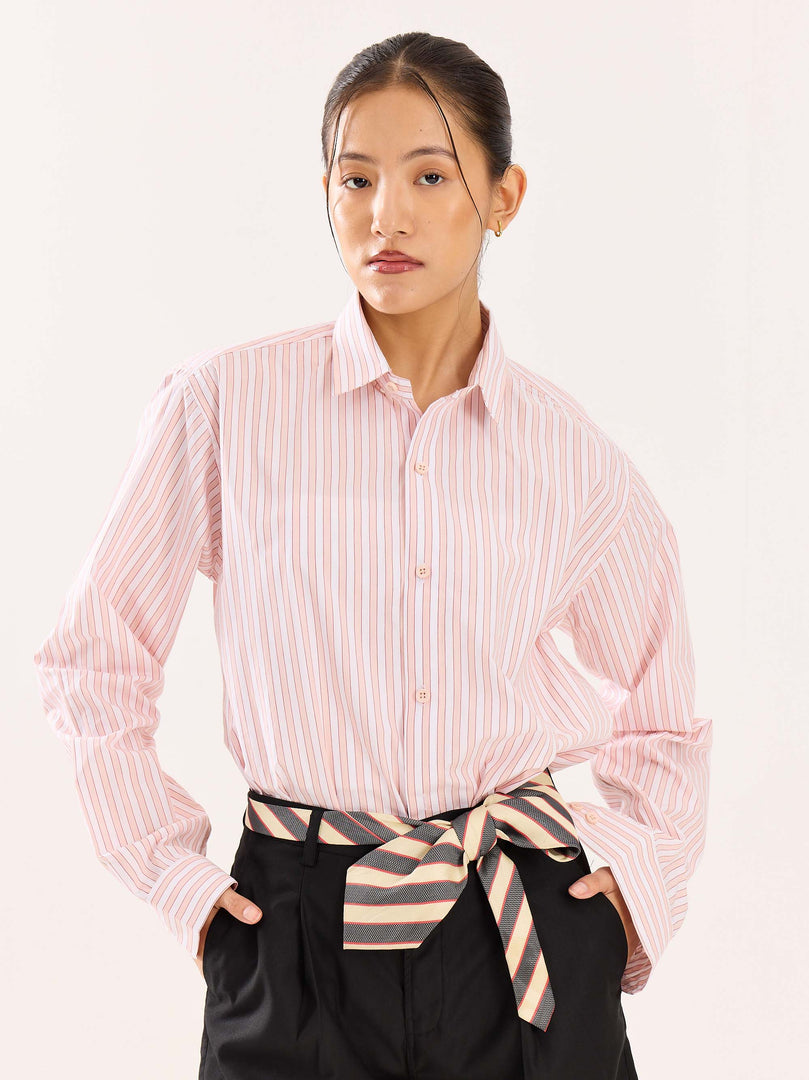 Peach & White Striped Poplin Shirt