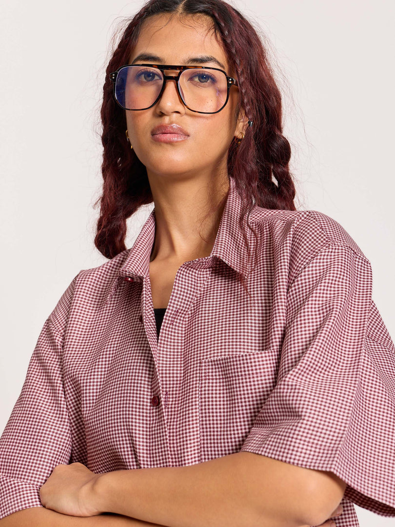 Burgundy Checkered Cropped Shirt