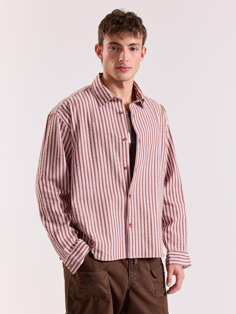 Brown & Pink Seersucker Oversized Cropped Shirt