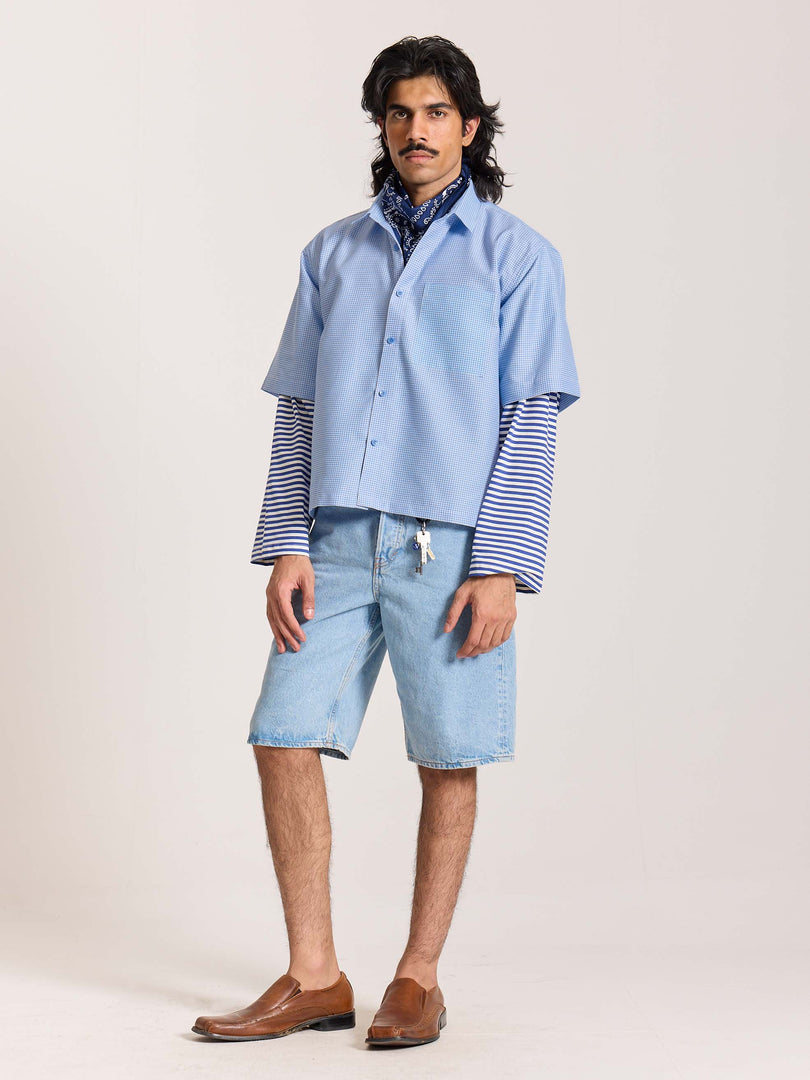 Sky Blue Checkered Cropped Shirt