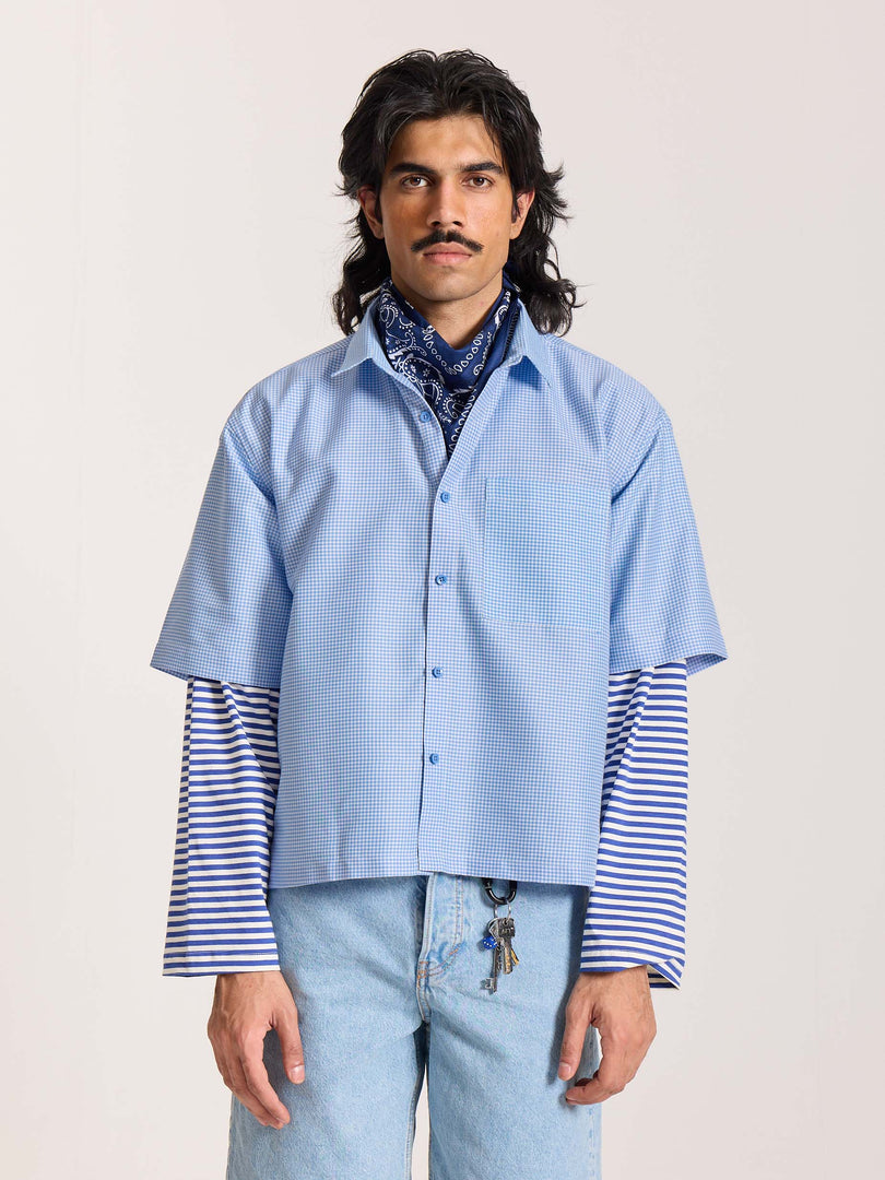 Sky Blue Checkered Cropped Shirt