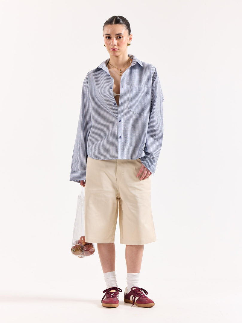 Grey & White Striped Seersucker Oversized Shirt