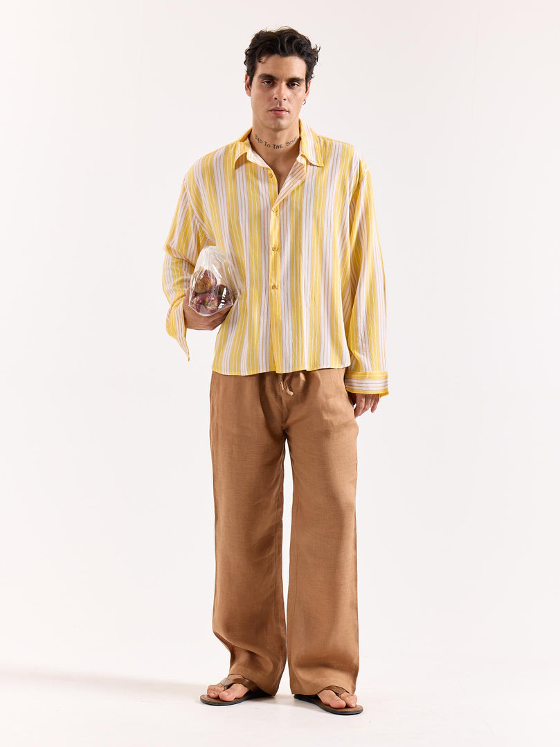 Yellow & White Striped Textured Oversized Shirt