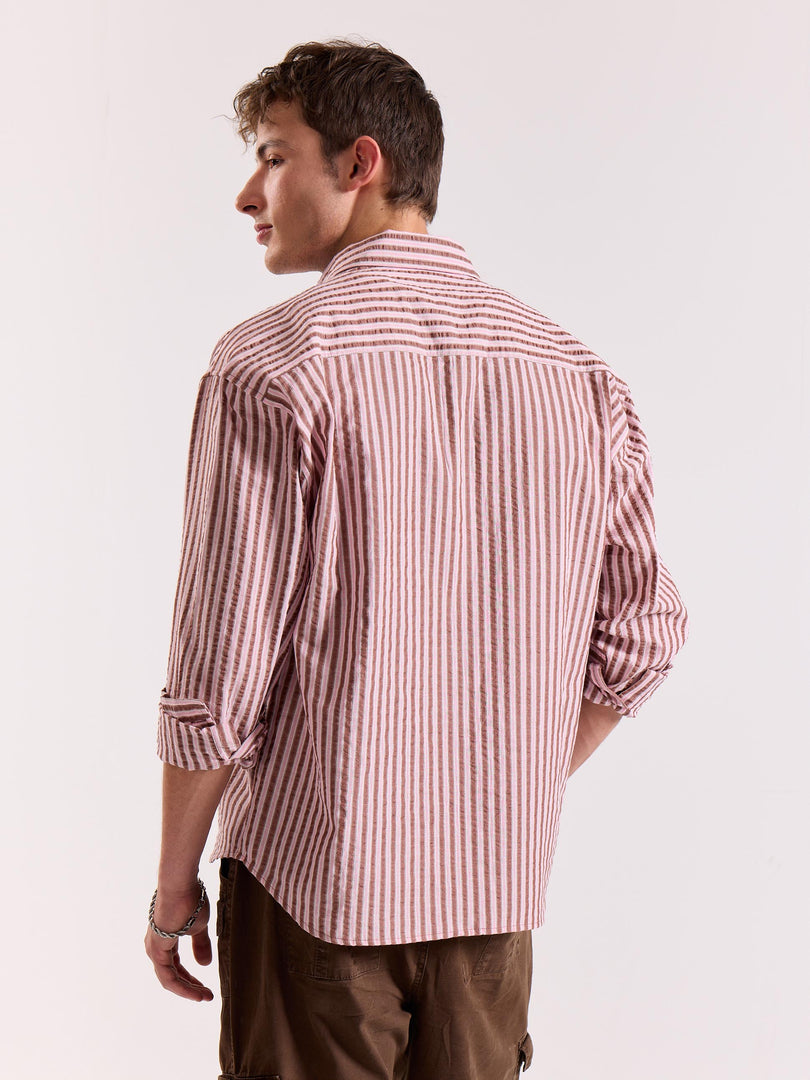 Brown & Pink Seersucker Oversized Cropped Shirt
