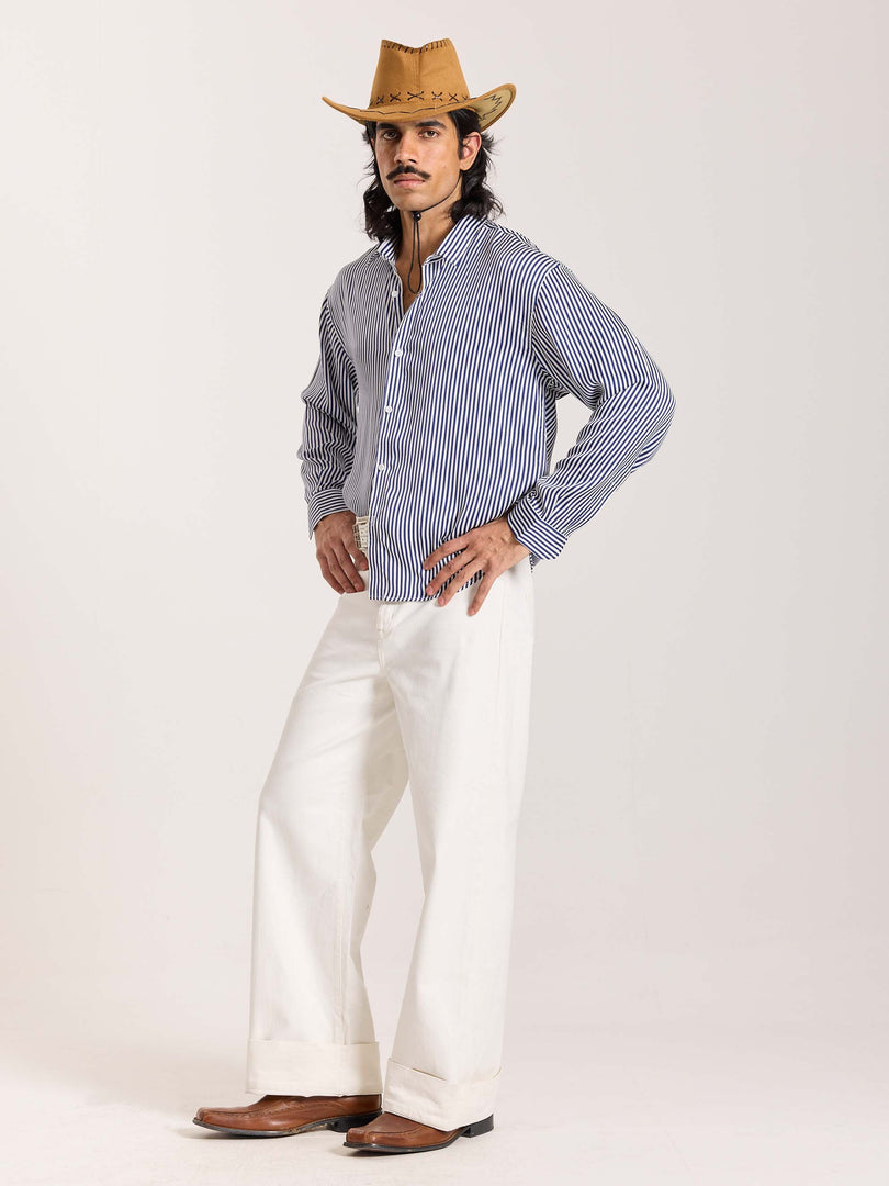 Blue Striped Satin Cropped Shirt
