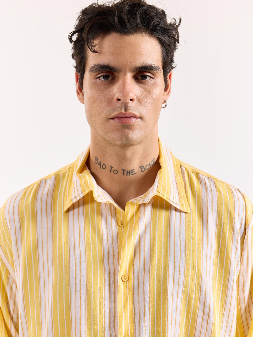 Yellow & White Striped Textured Oversized Shirt
