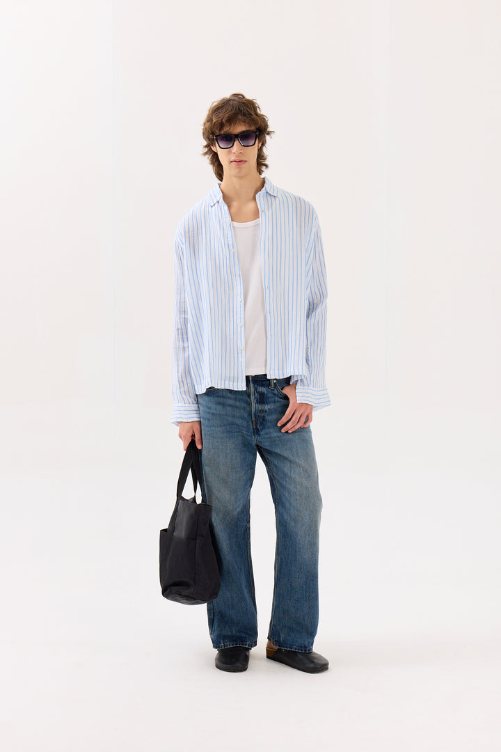 Blue & White Striped Gauze Holiday Shirt