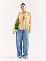 Load image into Gallery viewer, Yellow &amp; White Striped Textured Oversized Shirt