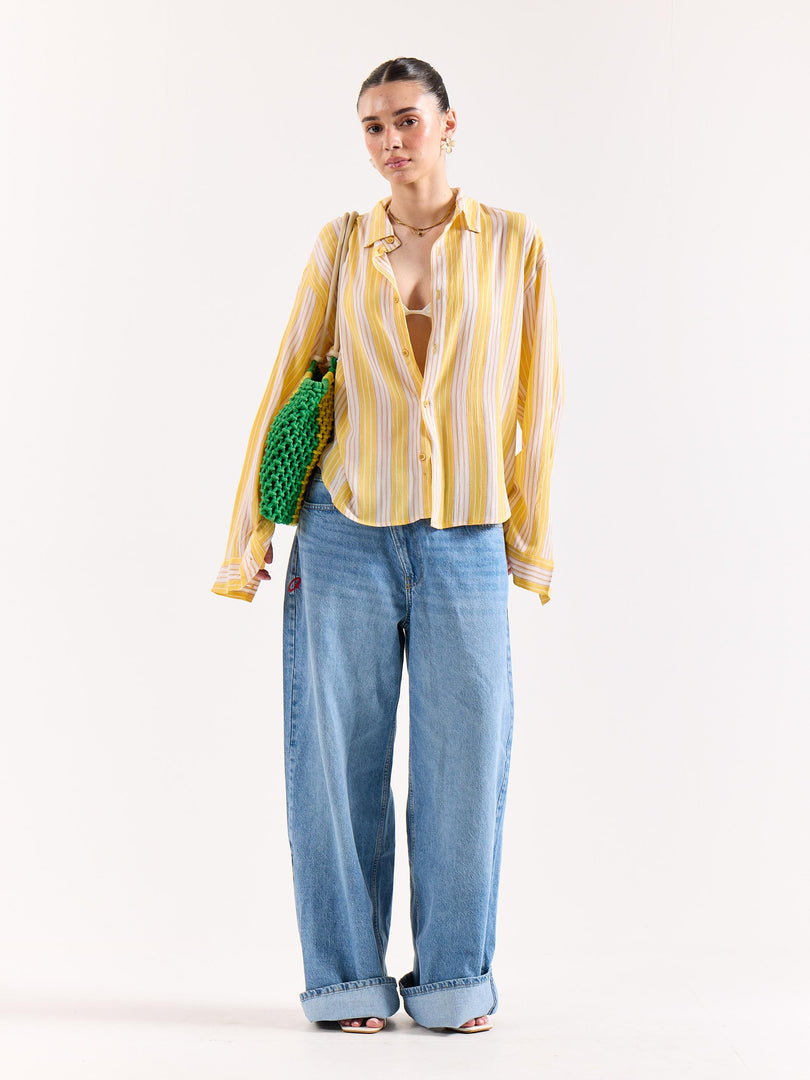 Yellow & White Striped Textured Oversized Shirt