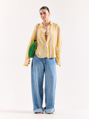Yellow & White Striped Textured Oversized Shirt
