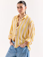Load image into Gallery viewer, Yellow &amp; White Striped Textured Oversized Shirt