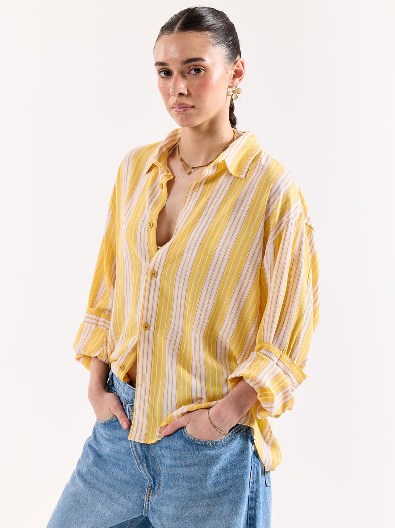 Yellow & White Striped Textured Oversized Shirt