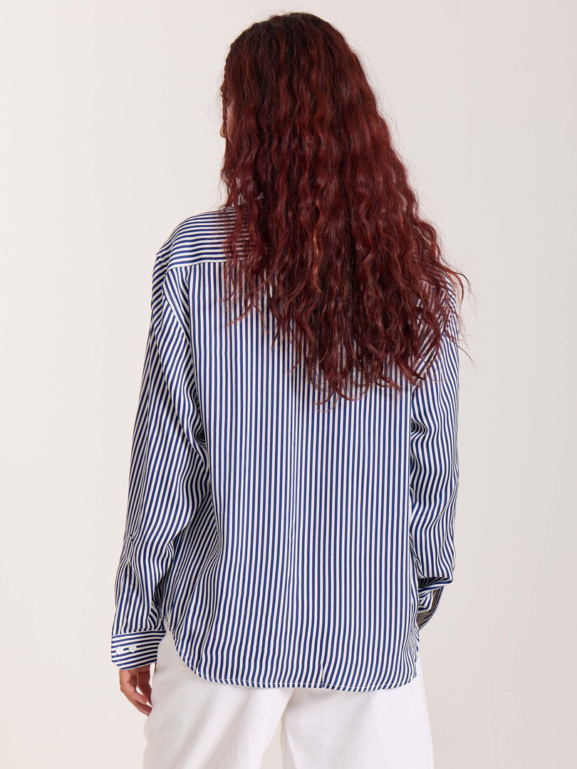 Blue Striped Satin Cropped Shirt