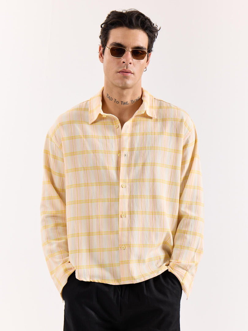 Yellow & Pink Checked Textured Oversized Shirt