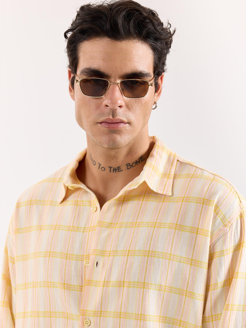 Yellow & Pink Checked Textured Oversized Shirt