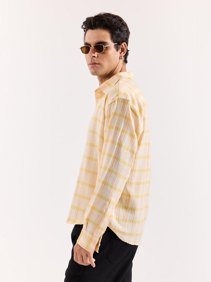 Yellow & Pink Checked Textured Oversized Shirt