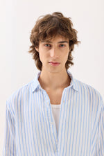 Load image into Gallery viewer, Blue &amp; White Striped Gauze Holiday Shirt

