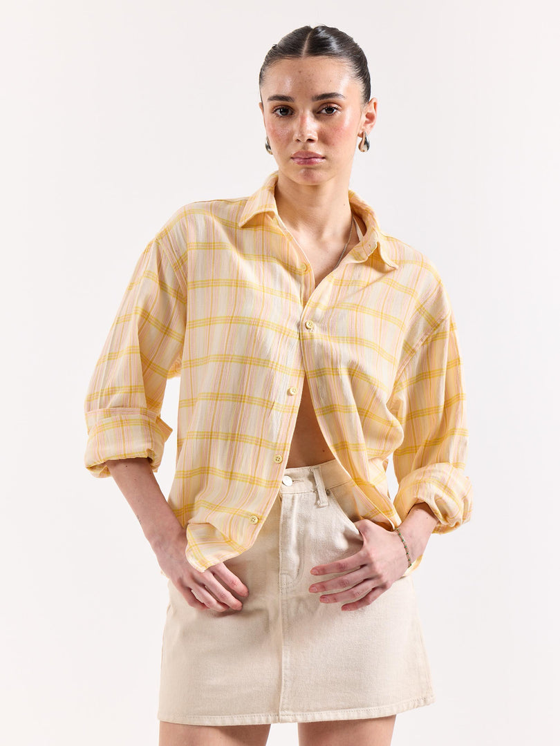 Yellow & Pink Checked Textured Oversized Shirt