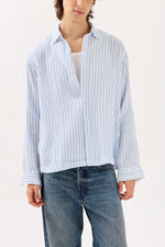 Load image into Gallery viewer, Blue &amp; White Striped Gauze Holiday Shirt
