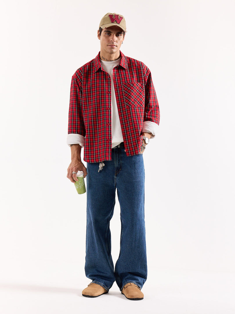 Red & Black Checkered Seersucker Oversized Shirt