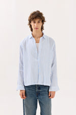 Load image into Gallery viewer, Blue &amp; White Striped Gauze Holiday Shirt

