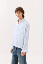 Load image into Gallery viewer, Blue &amp; White Striped Gauze Holiday Shirt
