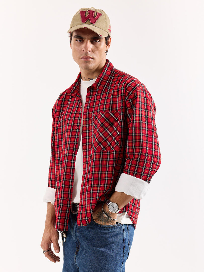 Red & Black Checkered Seersucker Oversized Shirt