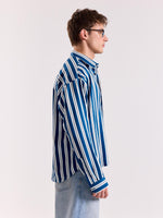 Load image into Gallery viewer, Blue &amp; White Striped Drape Shirt