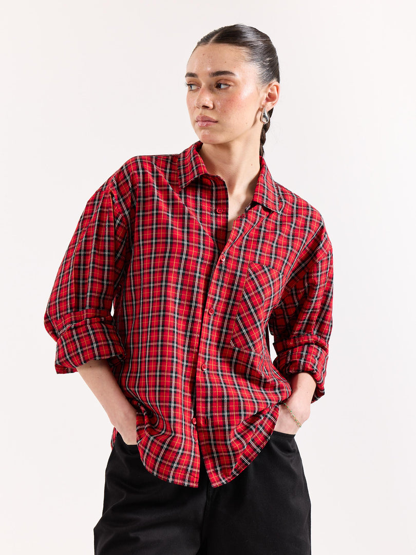 Red & Black Checkered Seersucker Oversized Shirt