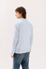 Load image into Gallery viewer, Blue &amp; White Striped Gauze Holiday Shirt
