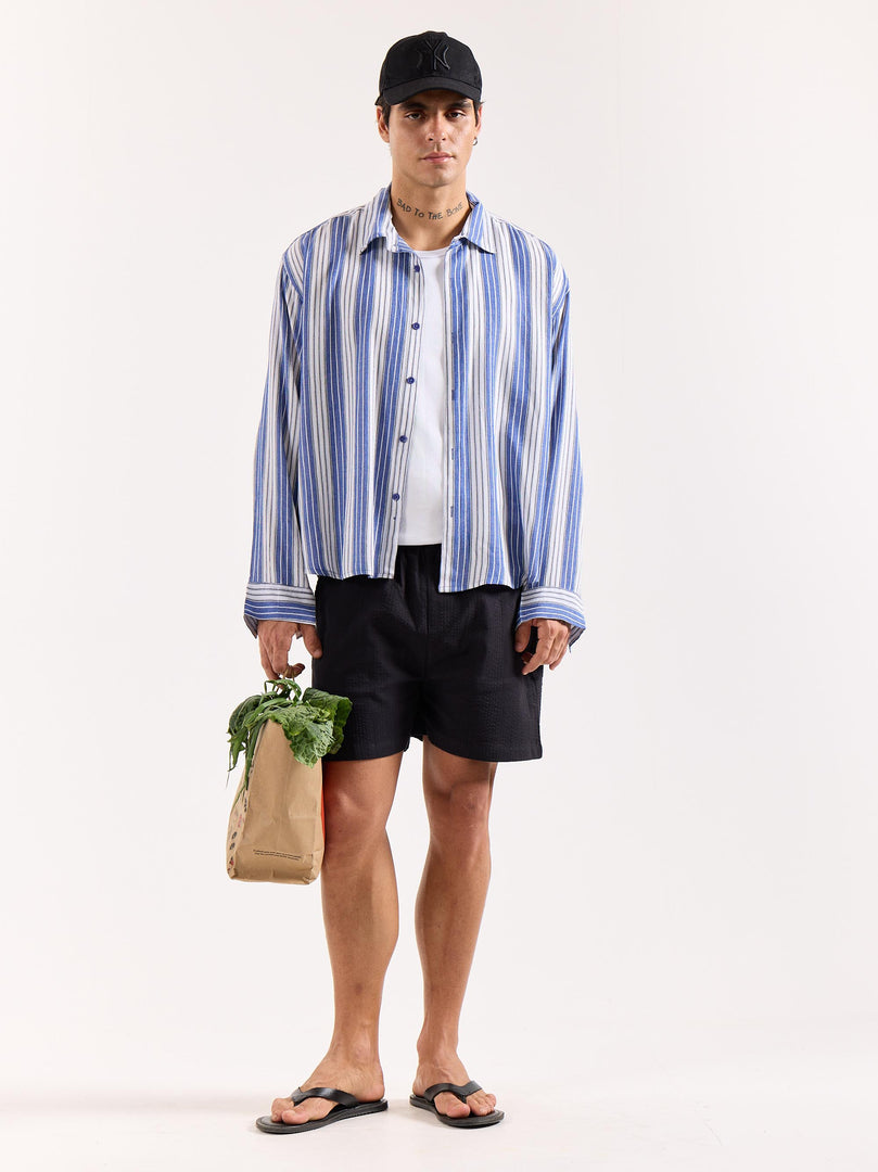 Royal Blue & White Striped Textured Oversized Shirt