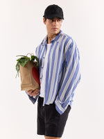Load image into Gallery viewer, Royal Blue &amp; White Striped Textured Oversized Shirt